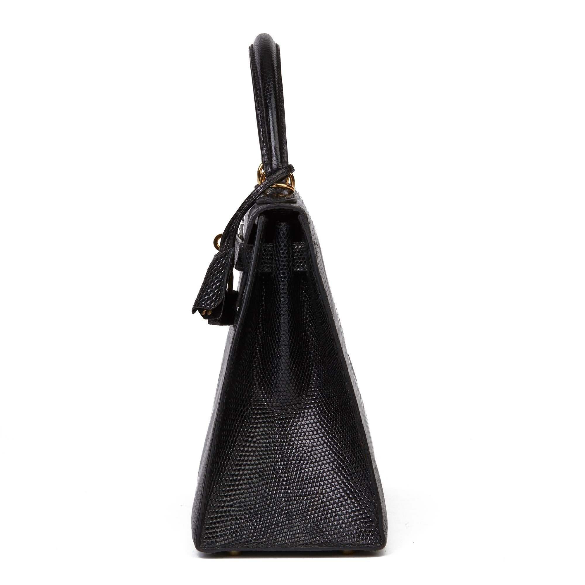 Hermès Black Lizard Leather Vintage Kelly 28cm Sellier Negro en venta