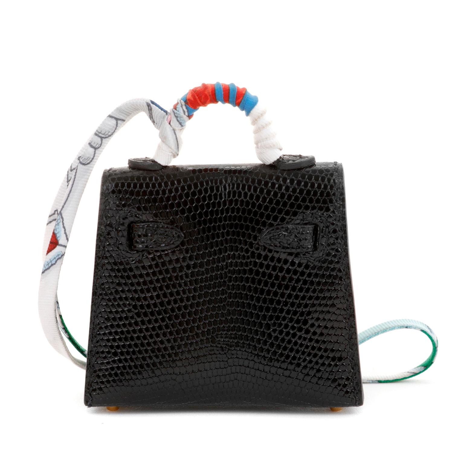 Hermès Black Lizard Micro Kelly Bag Charm mit Twilly (Schwarz) im Angebot