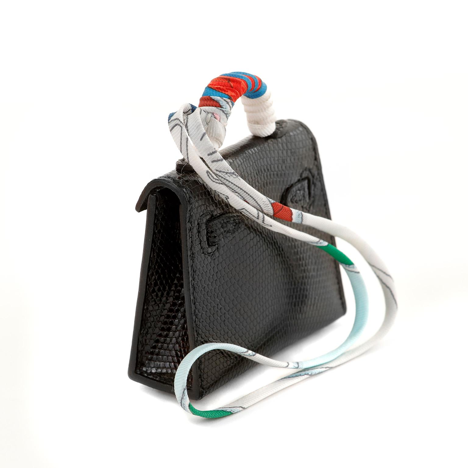 Hermès Black Lizard Micro Kelly Bag Charm with Twilly For Sale 1
