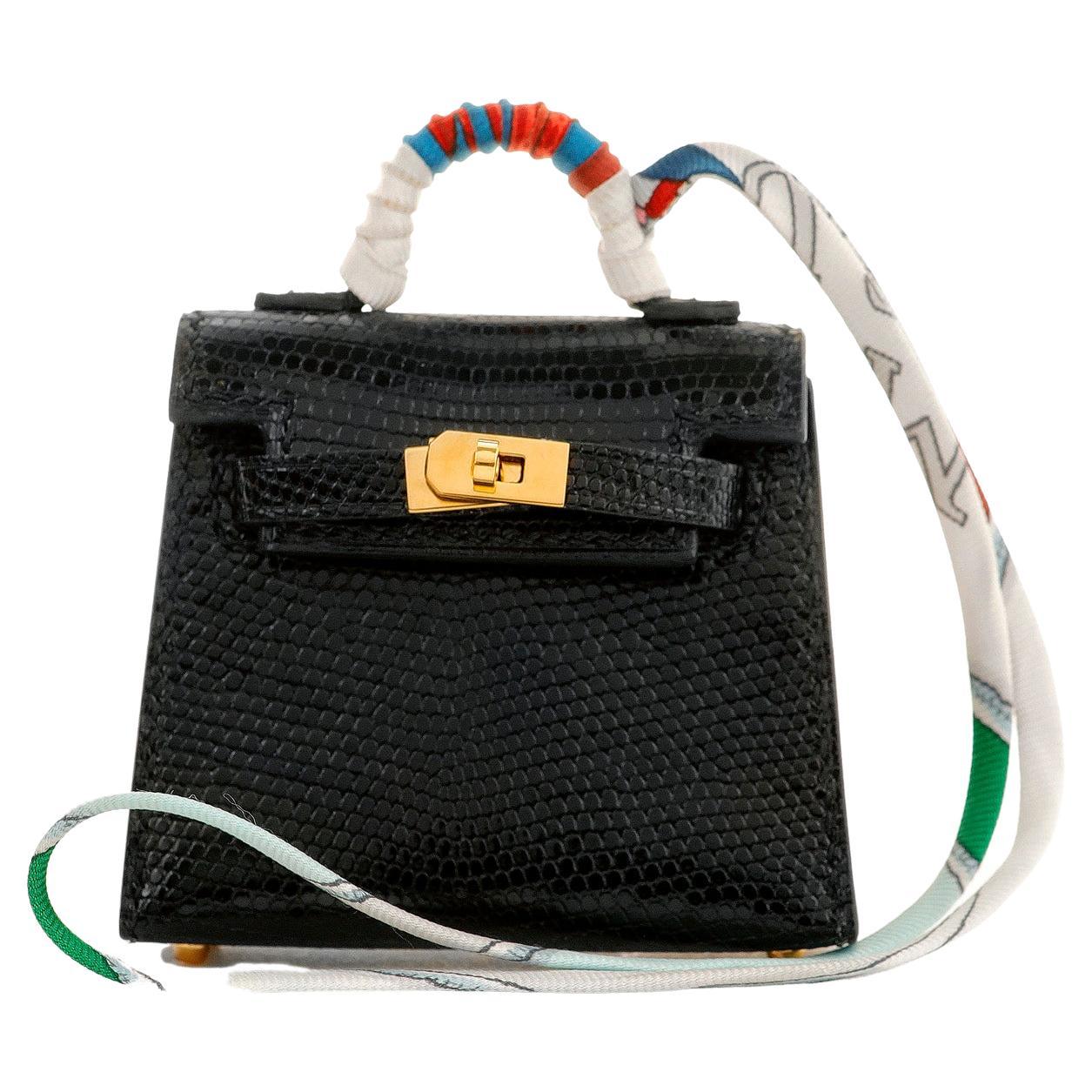 Hermès Black Lizard Micro Kelly Bag Charm mit Twilly im Angebot