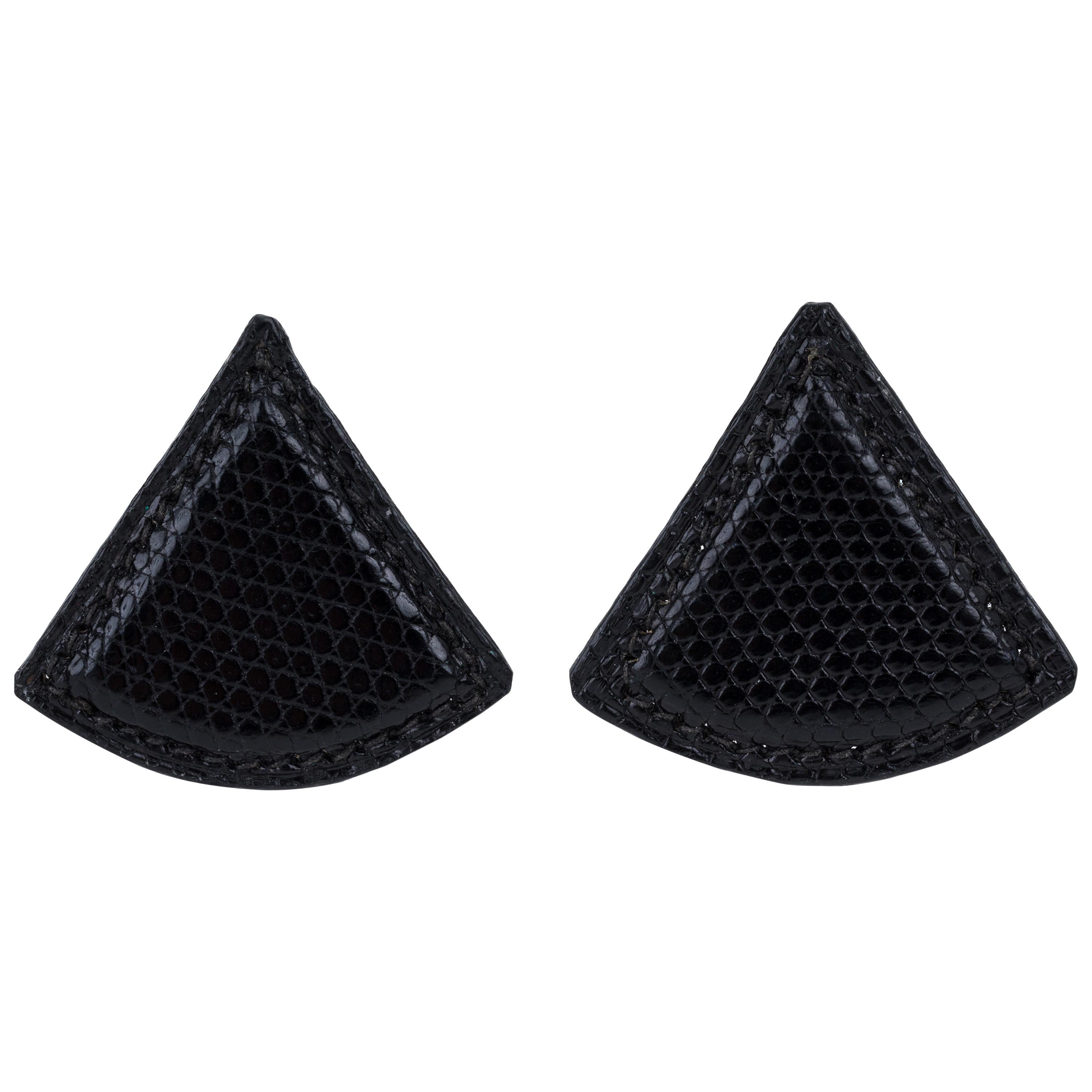 Hermes Black Lizard Triangle Earrings For Sale