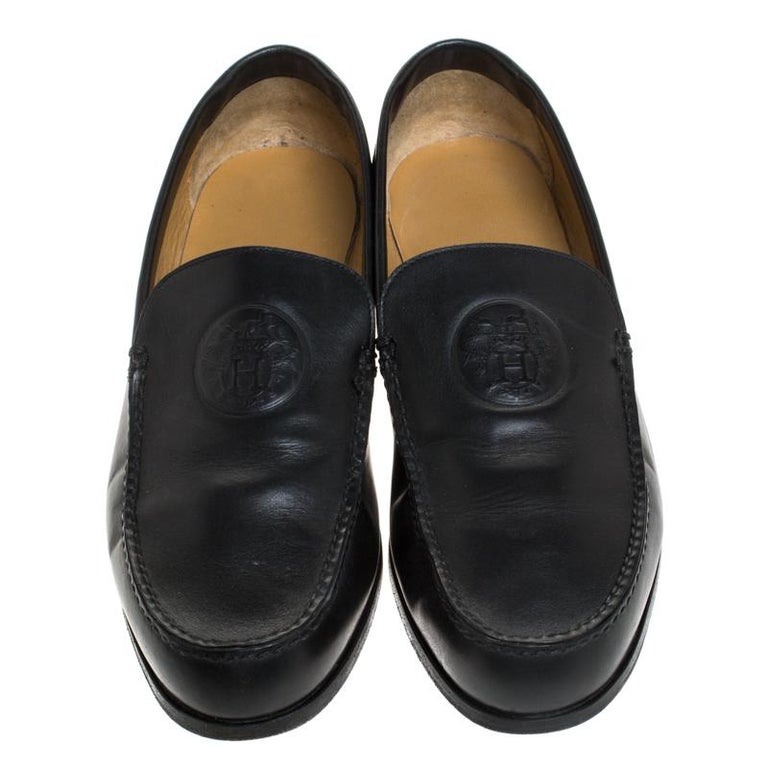 Hermes Black Logo Embossed Leather Slip On Loafers Size 41 For Sale at 1stDibs
