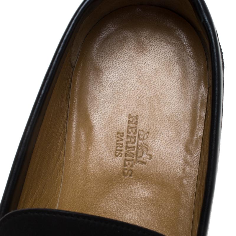 Hermes Black Logo Embossed Leather Slip On Loafers Size 41 2
