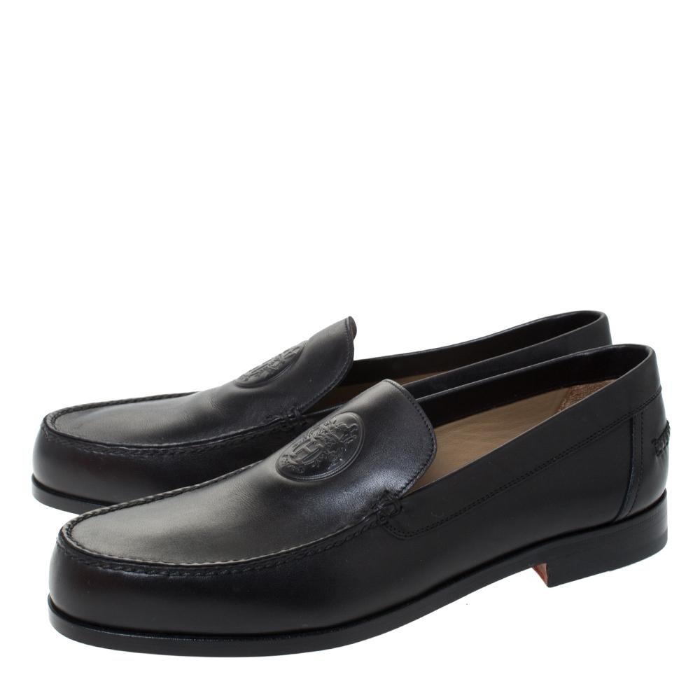 Hermes Black Logo Embossed Leather Slip On Loafers Size 41.5 1