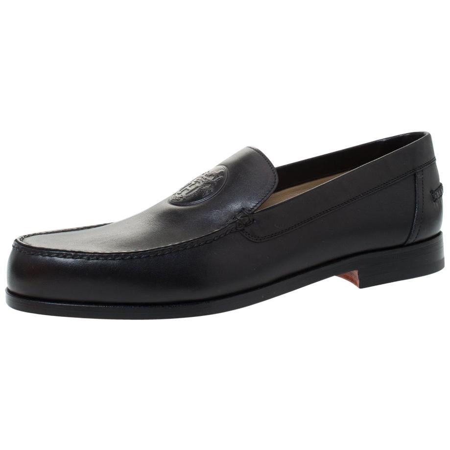 Hermes Black Logo Embossed Leather Slip On Loafers Size 41.5