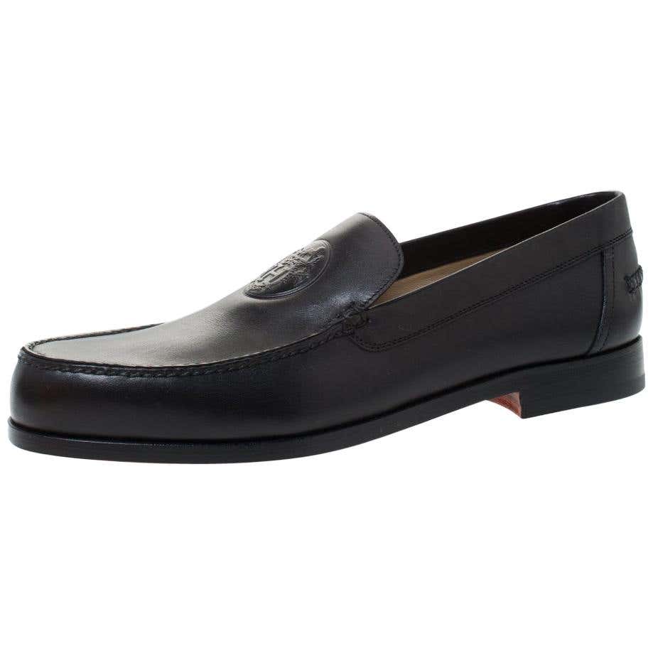 Hermes Black Logo Embossed Leather Slip On Loafers Size 41.5 at 1stDibs