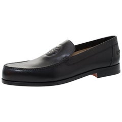 Hermes Black Logo Embossed Leather Slip On Loafers Size 41.5