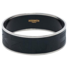 Hermes Black Logo Printed Enamel Palladium Plated Bangle Bracelet