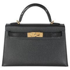 Hermès Black Madame Lizard Touch Sellier Mini Kelly 20 II GHW