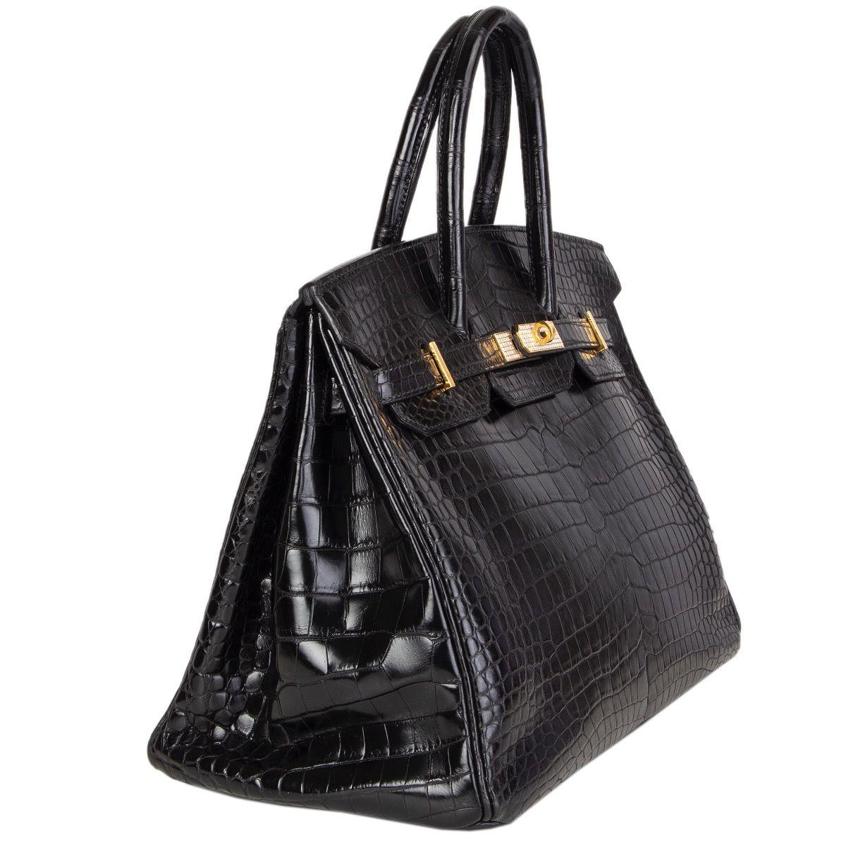 Hermes 'Birkin 35' in black matte porosus crocodile (smallest scales an therefore the most valuable and expensive crocodile available at Hermes). The hardware has is in 18ct gold with pave diamonds. Lined in Chevre (goat skin) with an open pocket