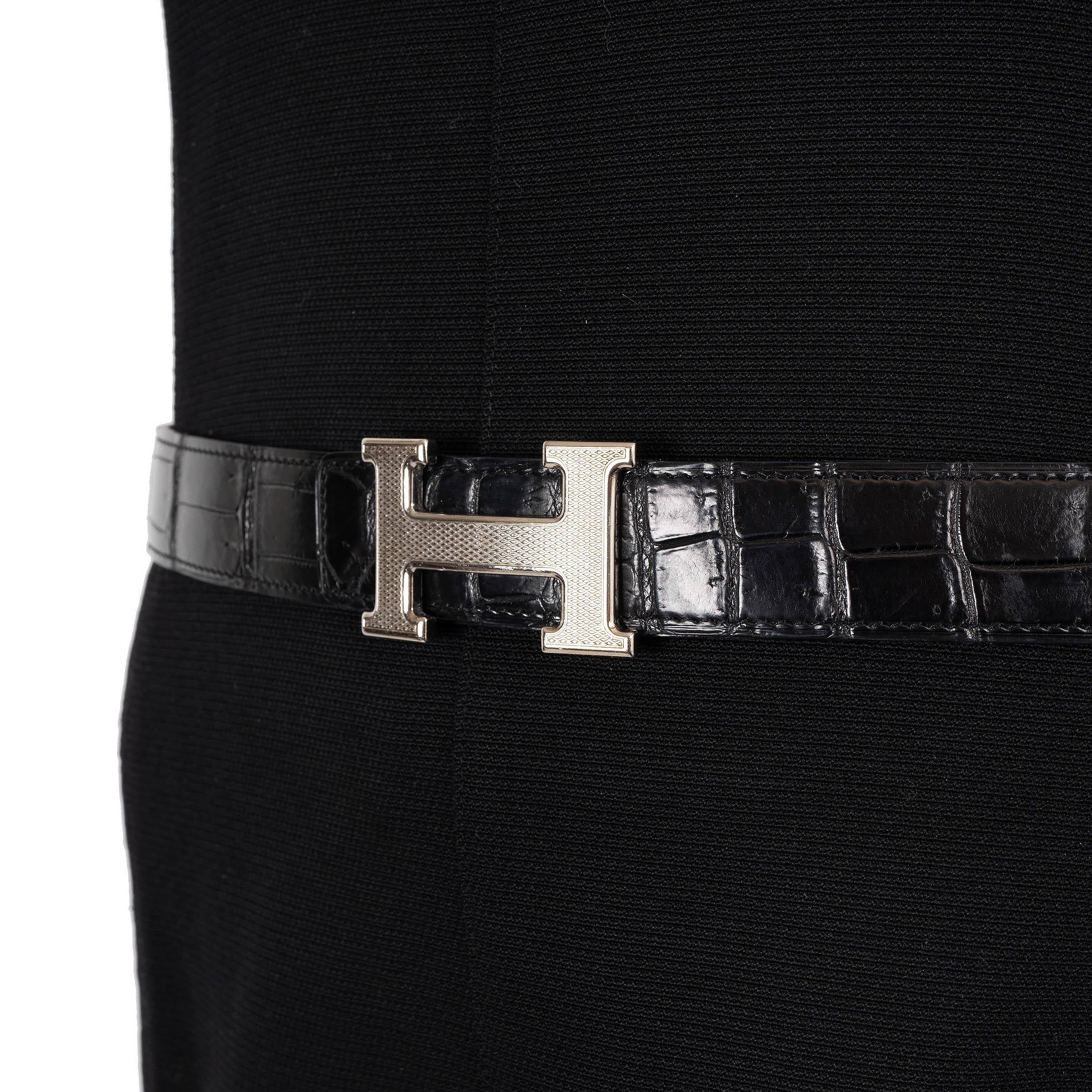 HERMES schwarz MATTE CROCODILE 32MM H GUILLOCHE Schnalle Gürtel 85 im Angebot 1