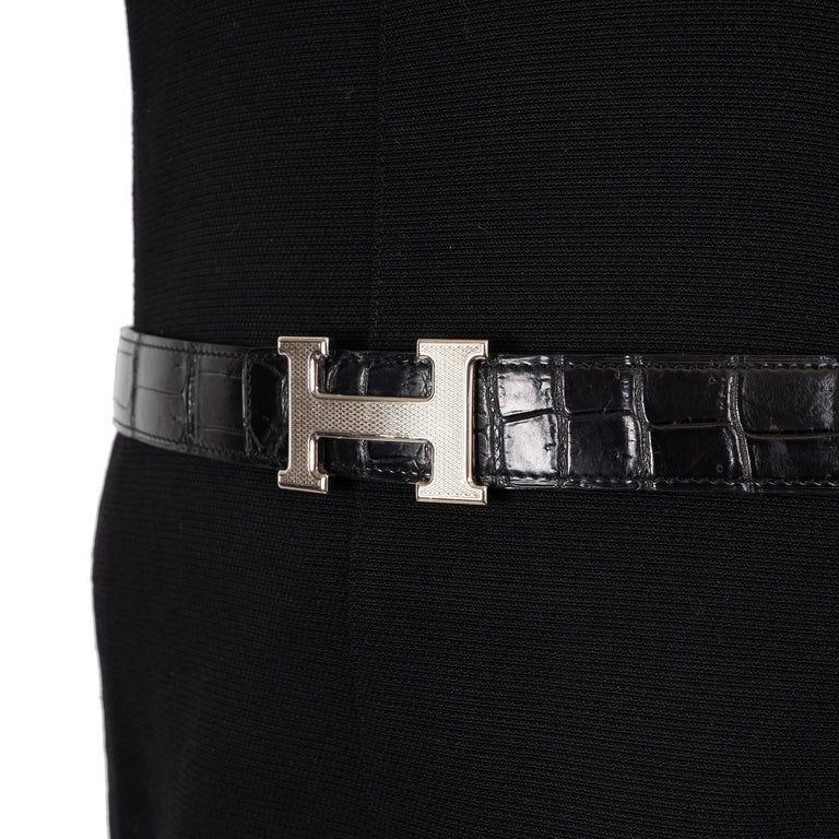 HERMES black MATTE CROCODILE 32MM H GUILLOCHE Buckle Belt 85  display picture 2