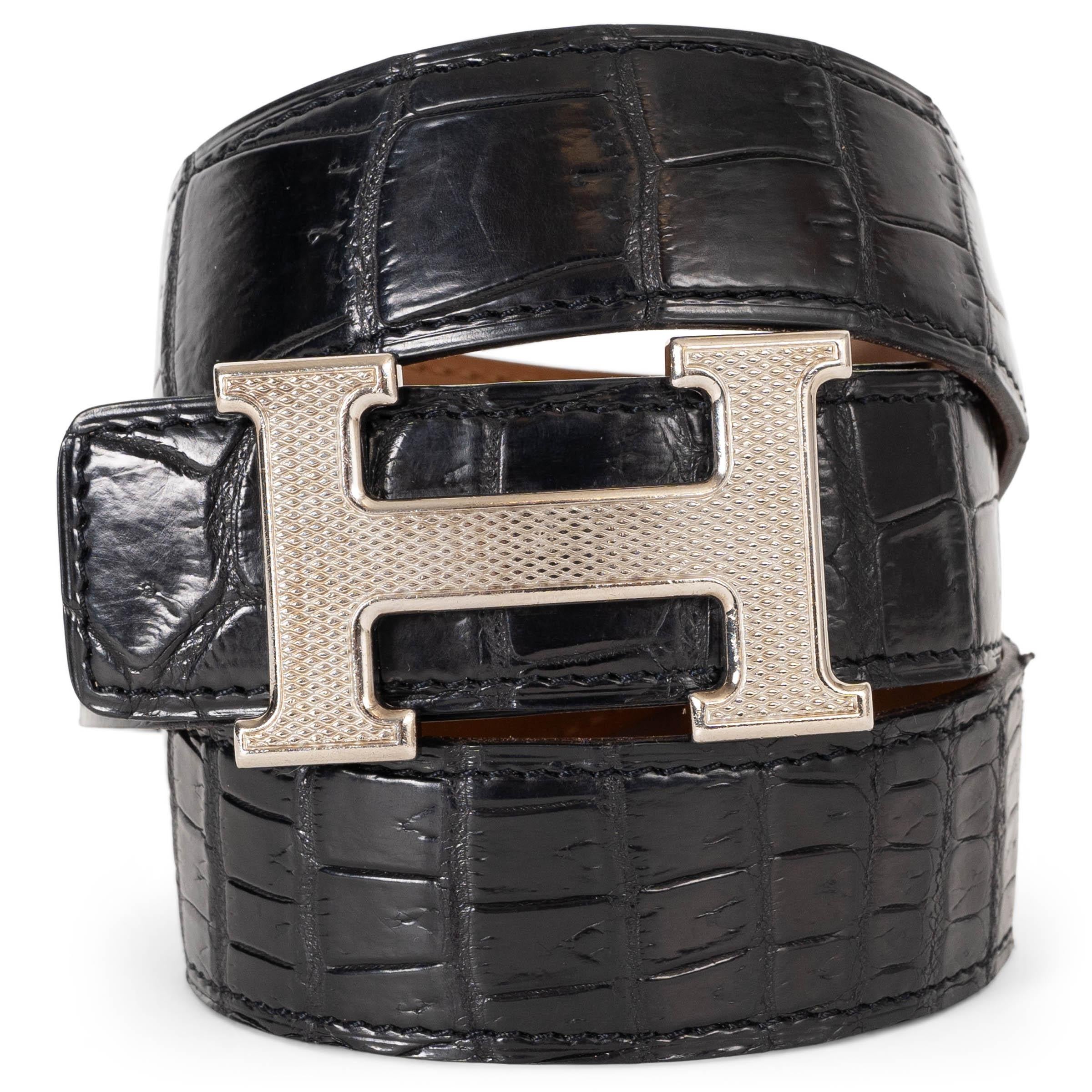 HERMES schwarz MATTE CROCODILE 32MM H GUILLOCHE Schnalle Gürtel 85