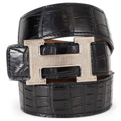 HERMES schwarz MATTE CROCODILE 32MM H GUILLOCHE Schnalle Gürtel 85