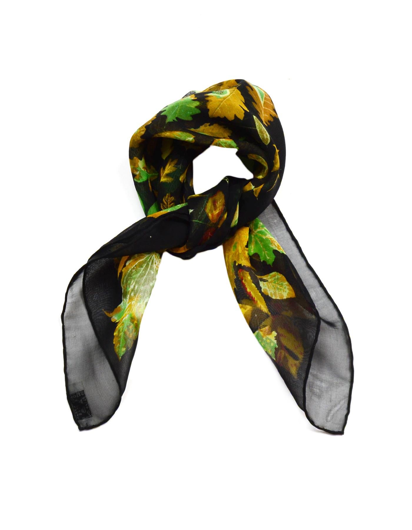 Hermes Black/Multi-Color Autumn Leaf Print 45 CM Silk Mousseline Pocket Square Scarf W/ Box

Made In:  France
Color: Black/multi-color
Materials: 100% silk
Overall Condition: Excellent pre-owned condition 
Estimated Retail: $175 + tax 
Includes: 