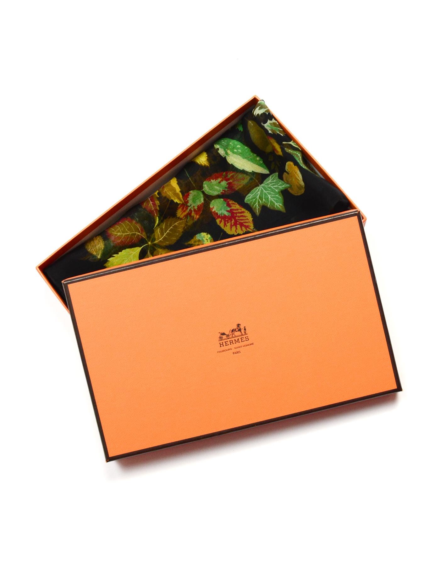 Hermes Black/Multi-Color Autumn Leaf Print 45 CM Silk Pocket Square Scarf 1