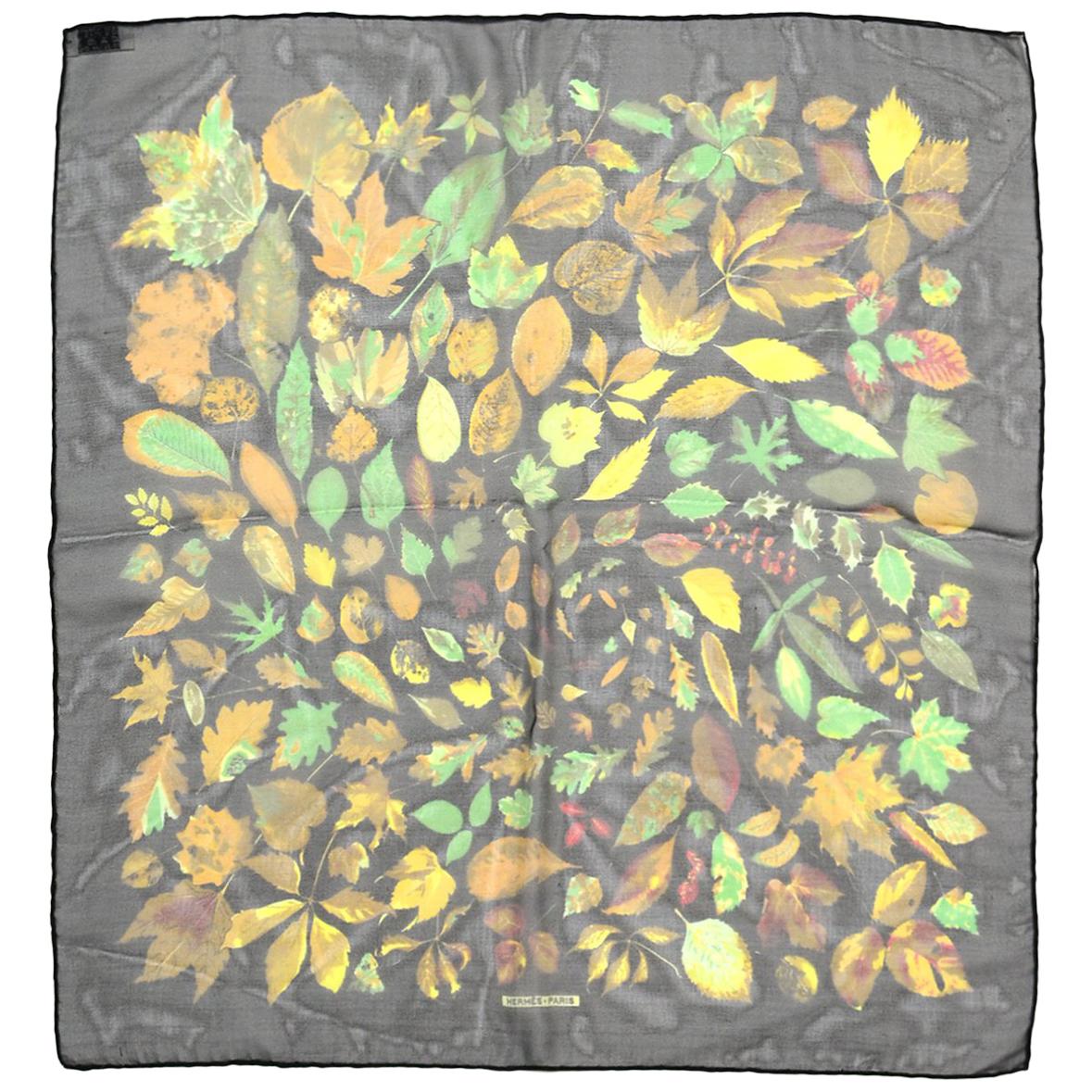 Hermes Black/Multi-Color Autumn Leaf Print 45 CM Silk Pocket Square Scarf