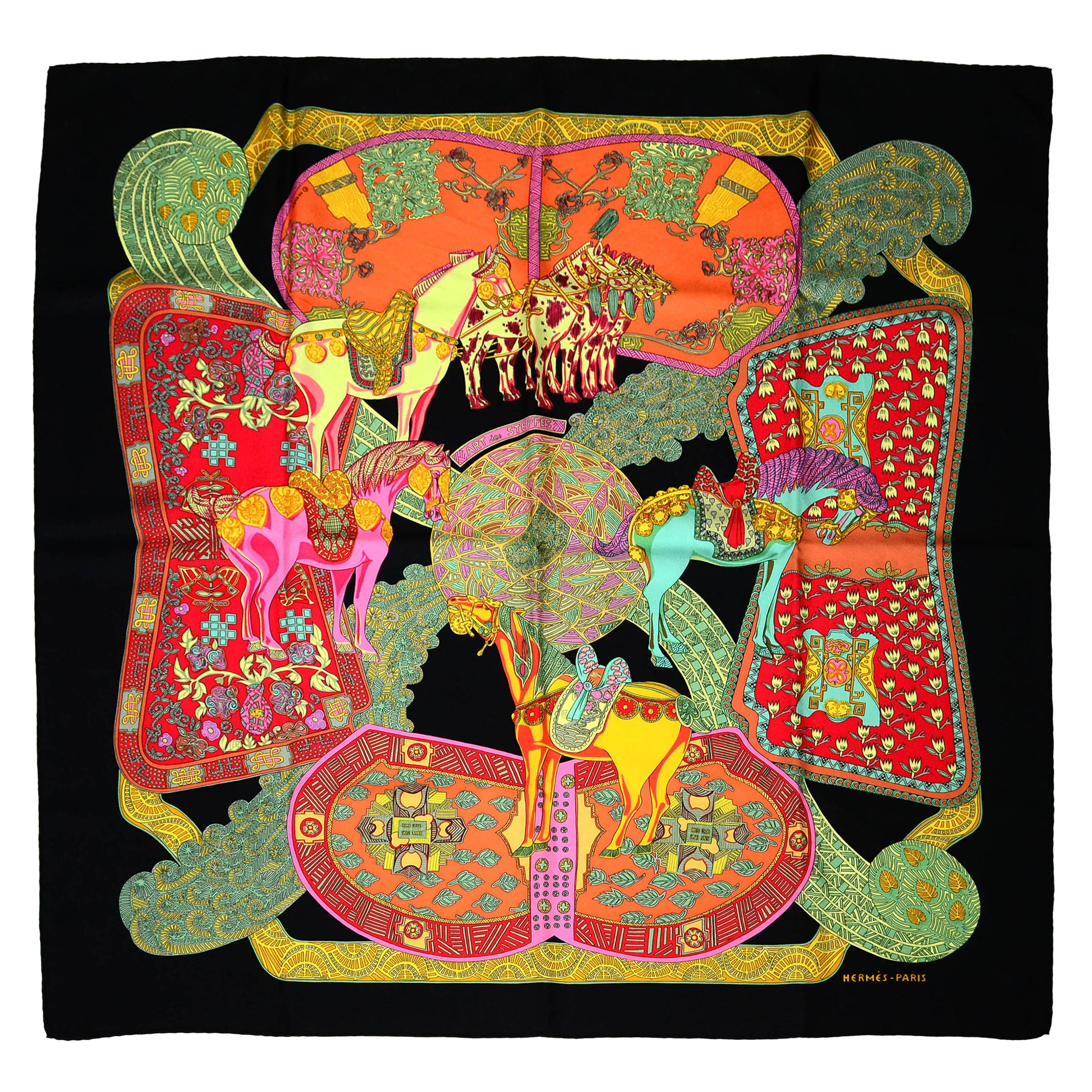 Hermes Black/Multicolor Art des Steppes 90cm Silk Scarf