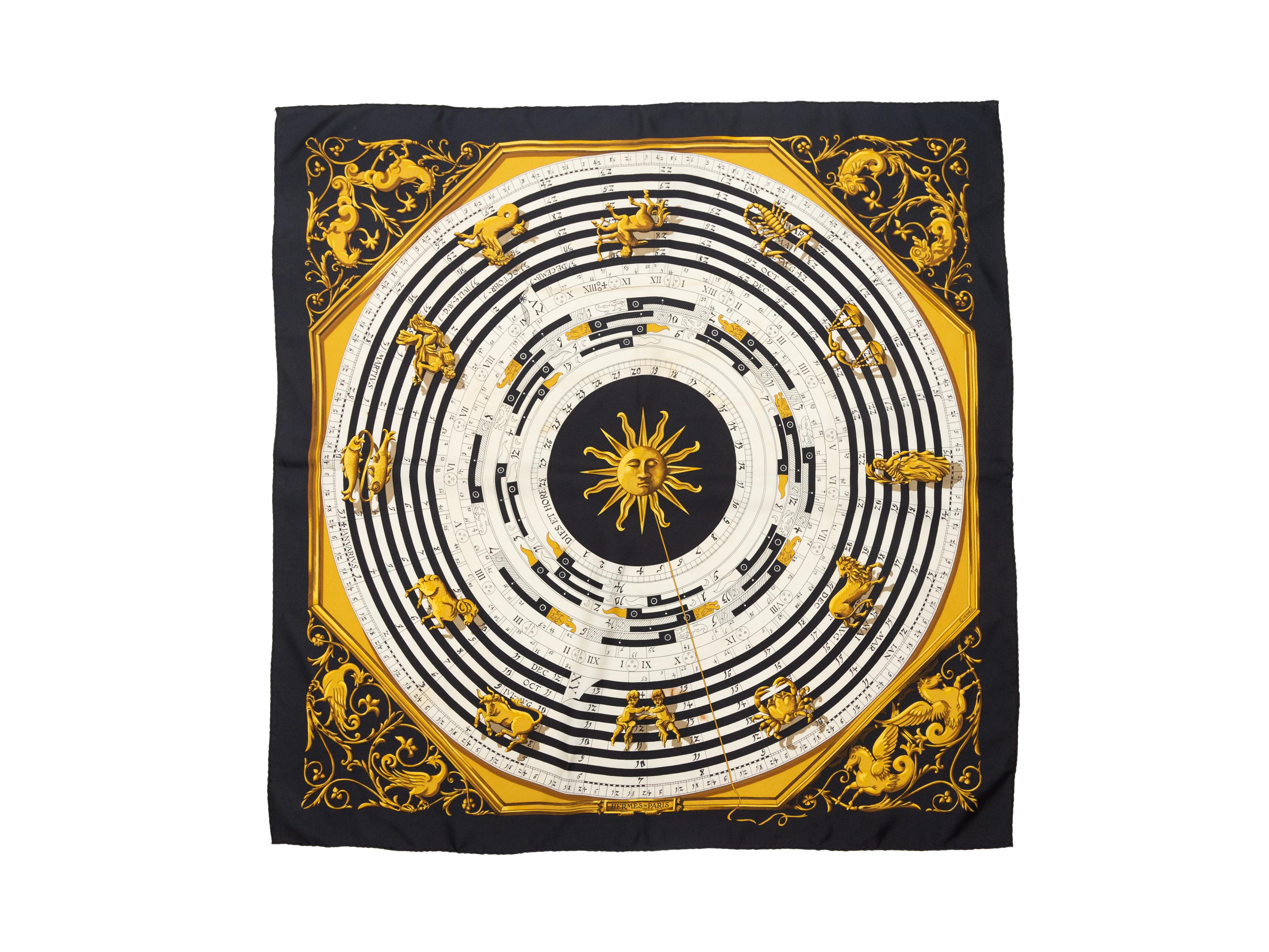 Product details: Black, white, and gold Dies Et Hore motif silk scarf by Hermes. 34