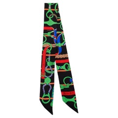 Hermes Black & Multicolor "Mors a Jouets" Print Silk Twilly