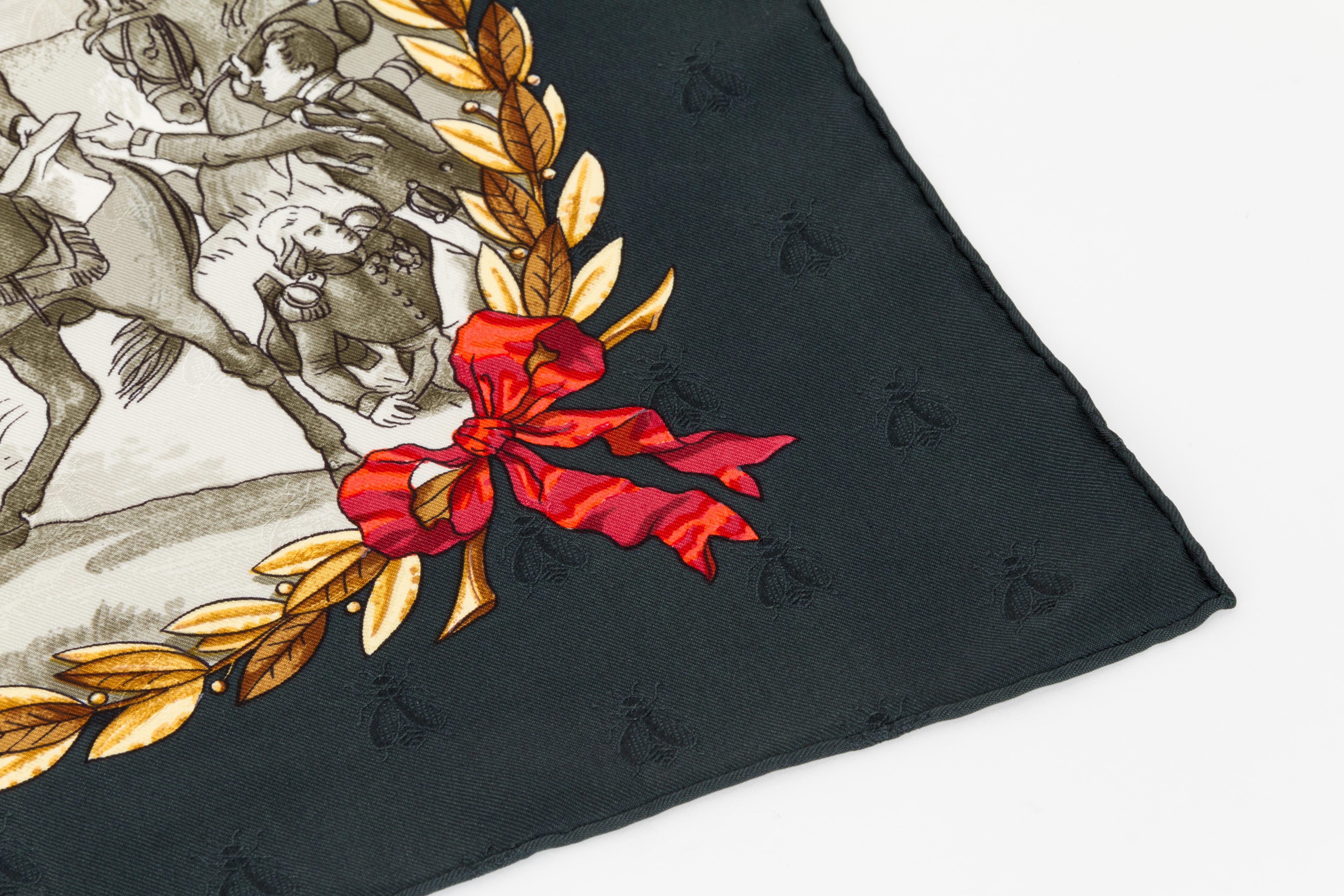 Hermès black silk twill Napoleon scarf by Philippe Ledoux, 1963. Hand-rolled edges. Does not include box.