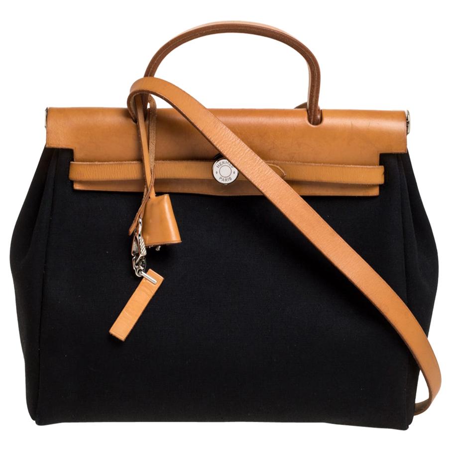 Hermès Black/Natural Canvas and Leather Herbag Zip 31 Bag