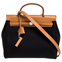 Hermès Sac Herbag Zip 31 en toile et cuir noir/naturel
