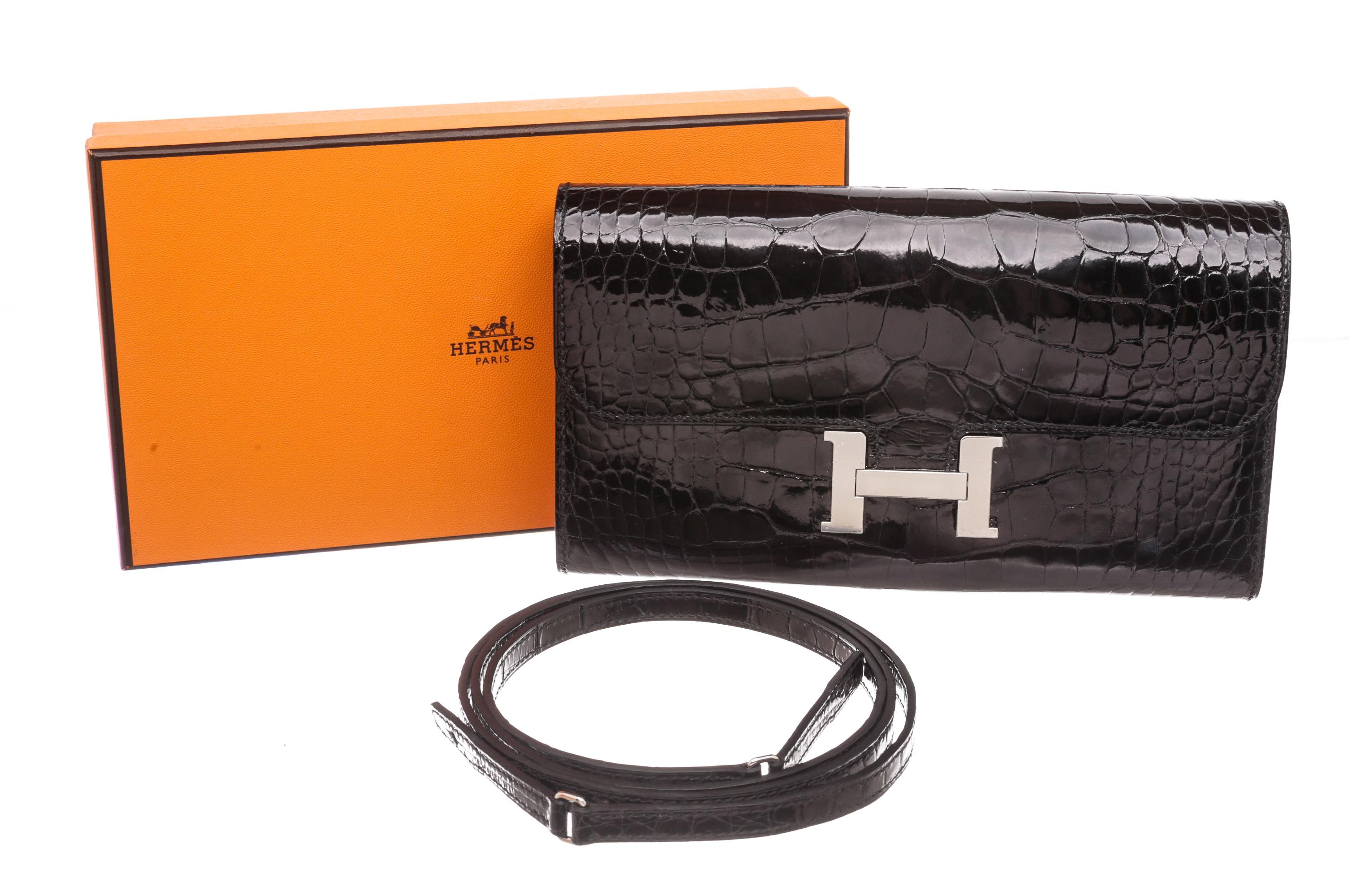 Hermes Black Noir Shiny Alligator Constance Long To Go Wallet For Sale 5