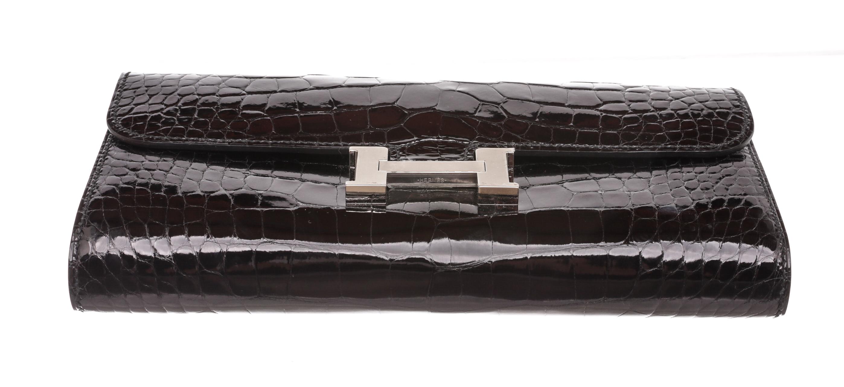 Women's or Men's Hermes Black Noir Shiny Alligator Constance Long To Go Wallet For Sale