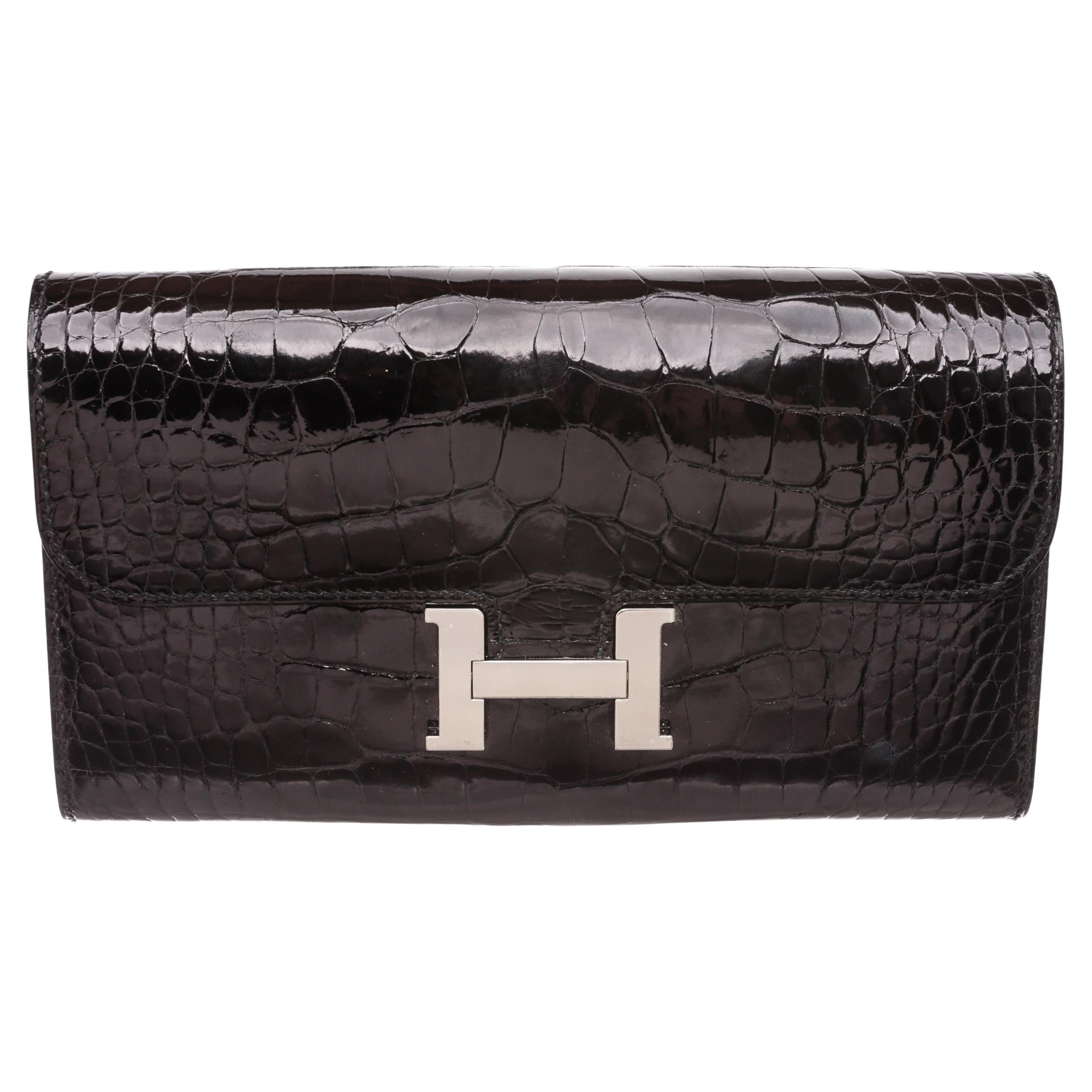 Hermes Black Noir Shiny Alligator Constance Long To Go Wallet For Sale