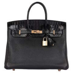Hermès Black Novillo & Shiny Niloticus Crocodile Leather Touch Birkin 25cm Retou