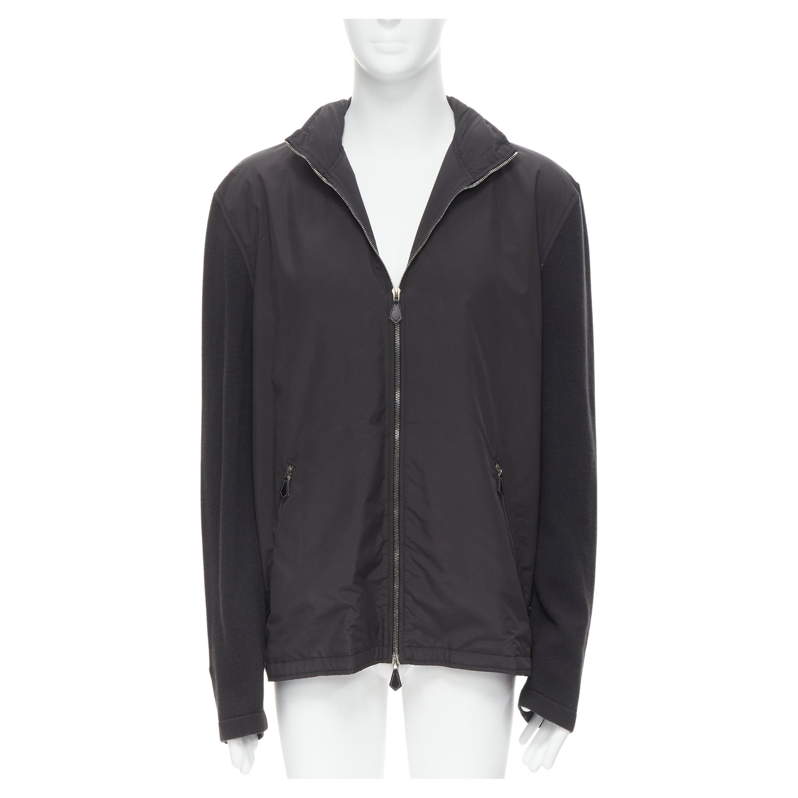 HERMES black nylon merino wool knit leather zip jacket XXL