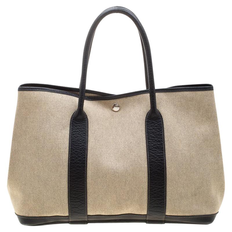 Hermes Black/Off White Canvas and Leather Garden Party MM Tote Bag