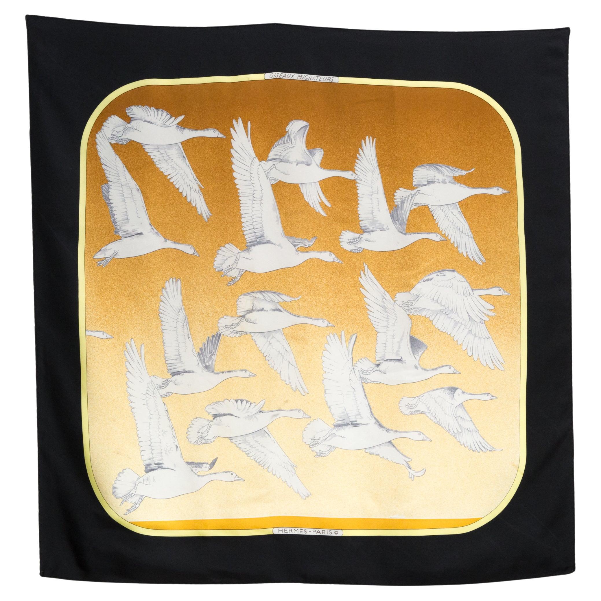 Hermes Black Oiseaux Migrateurs by C. Latham Silk Scarf For Sale