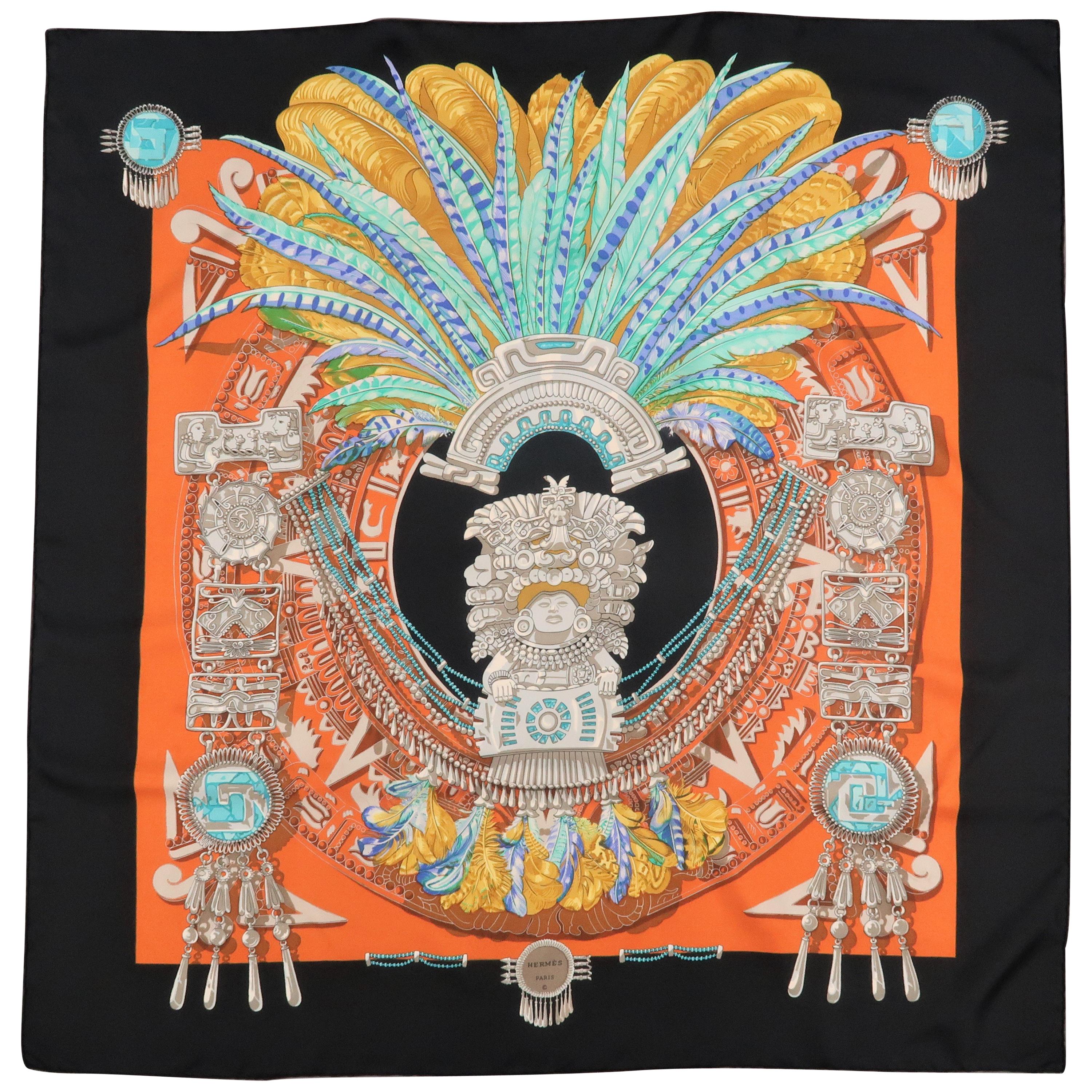 HERMES Black 
Orange Silk MEXIQUE 90cm Scarf