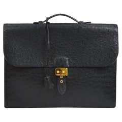HERMES Black Ostrich Exotic Leather Sac A Depeches Men's Travel Briefcase Bag