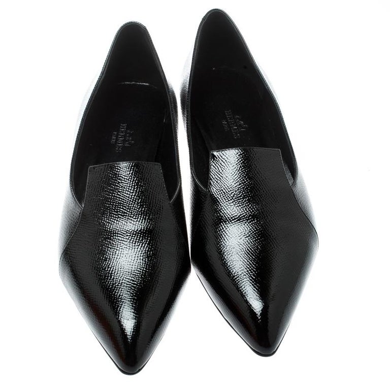 Hermes Black Patent Leather Holly Pointed Toe Loafers Size 38 For Sale ...