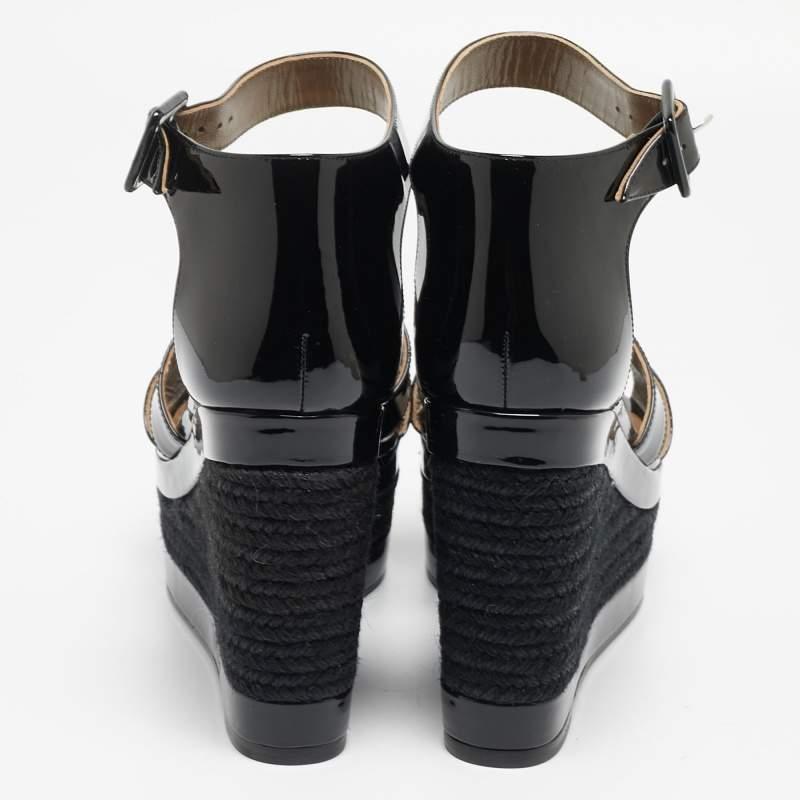 Hermes Black Patent Leather Ilana Espadrille Wedge Sandals Size 40 In Excellent Condition In Dubai, Al Qouz 2