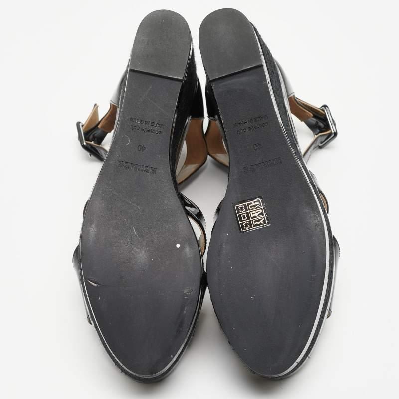 Women's Hermes Black Patent Leather Ilana Espadrille Wedge Sandals Size 40
