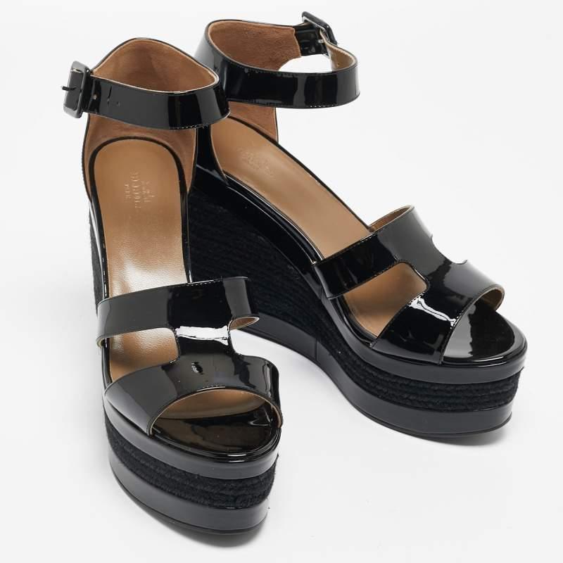 Hermes Black Patent Leather Ilana Espadrille Wedge Sandals Size 40 4