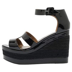 Hermes Ilana Espadrille Wedge Sandals en cuir verni noir Taille 40