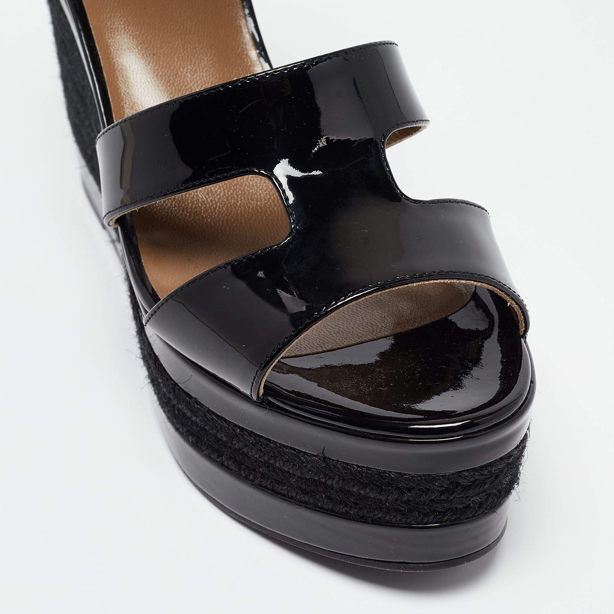 Hermes Black Patent Leather Ilana Espadrille Wedges Sandals Size 37 3