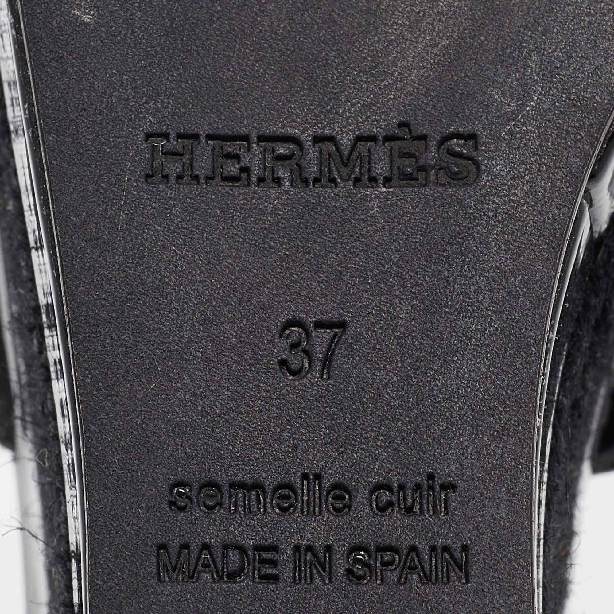 Hermes Black Patent Leather Ilana Espadrille Wedges Sandals Size 37 4