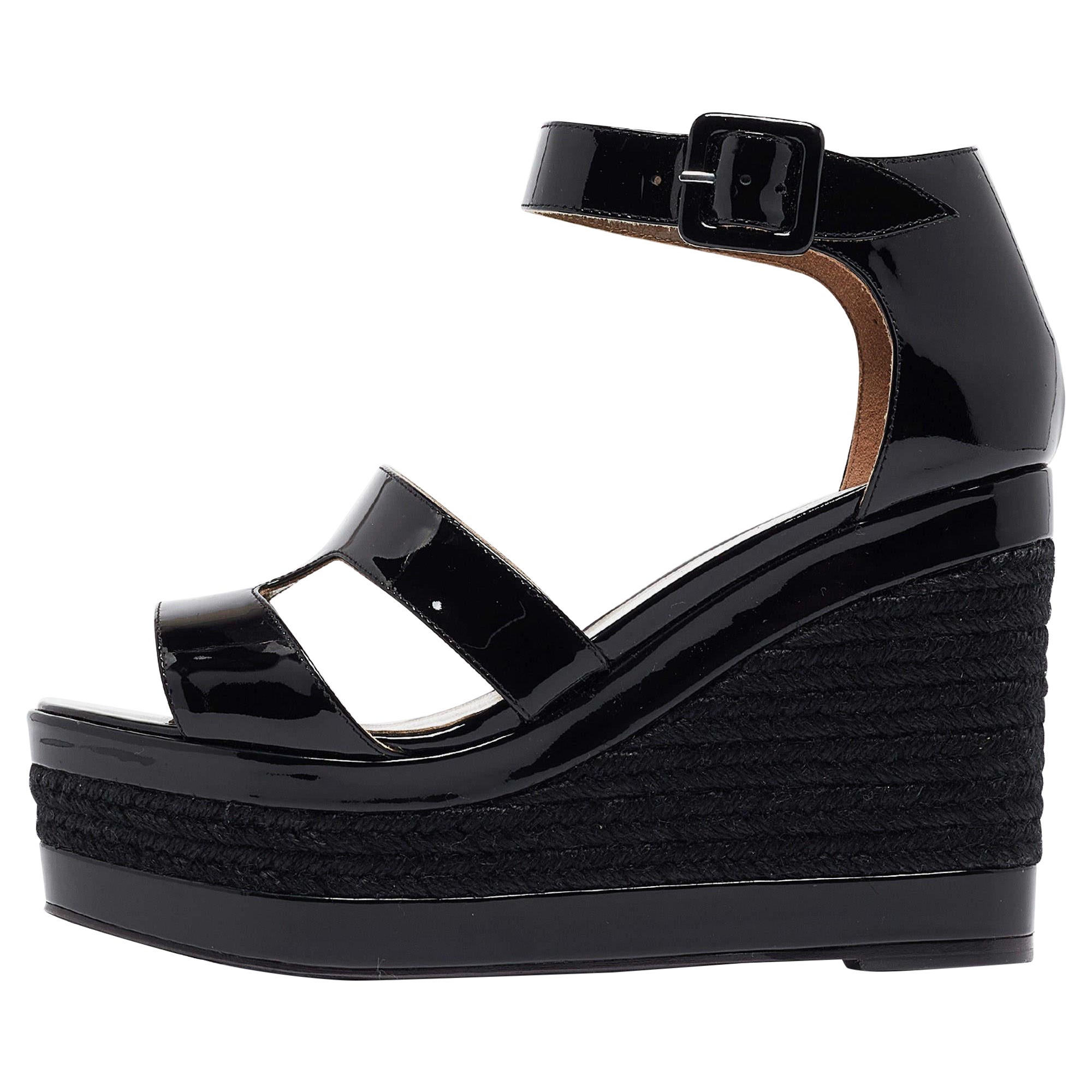 Hermes Black Patent Leather Ilana Espadrille Wedges Sandals Size 37