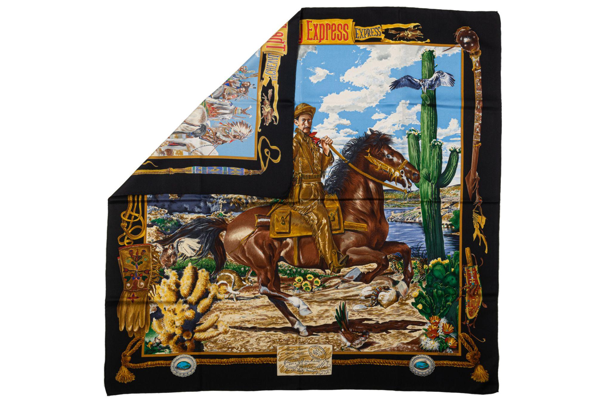 Hermes collectible black Pony Express silk scarf, designed by Kermit Oliver. Care tag attached, original box included.