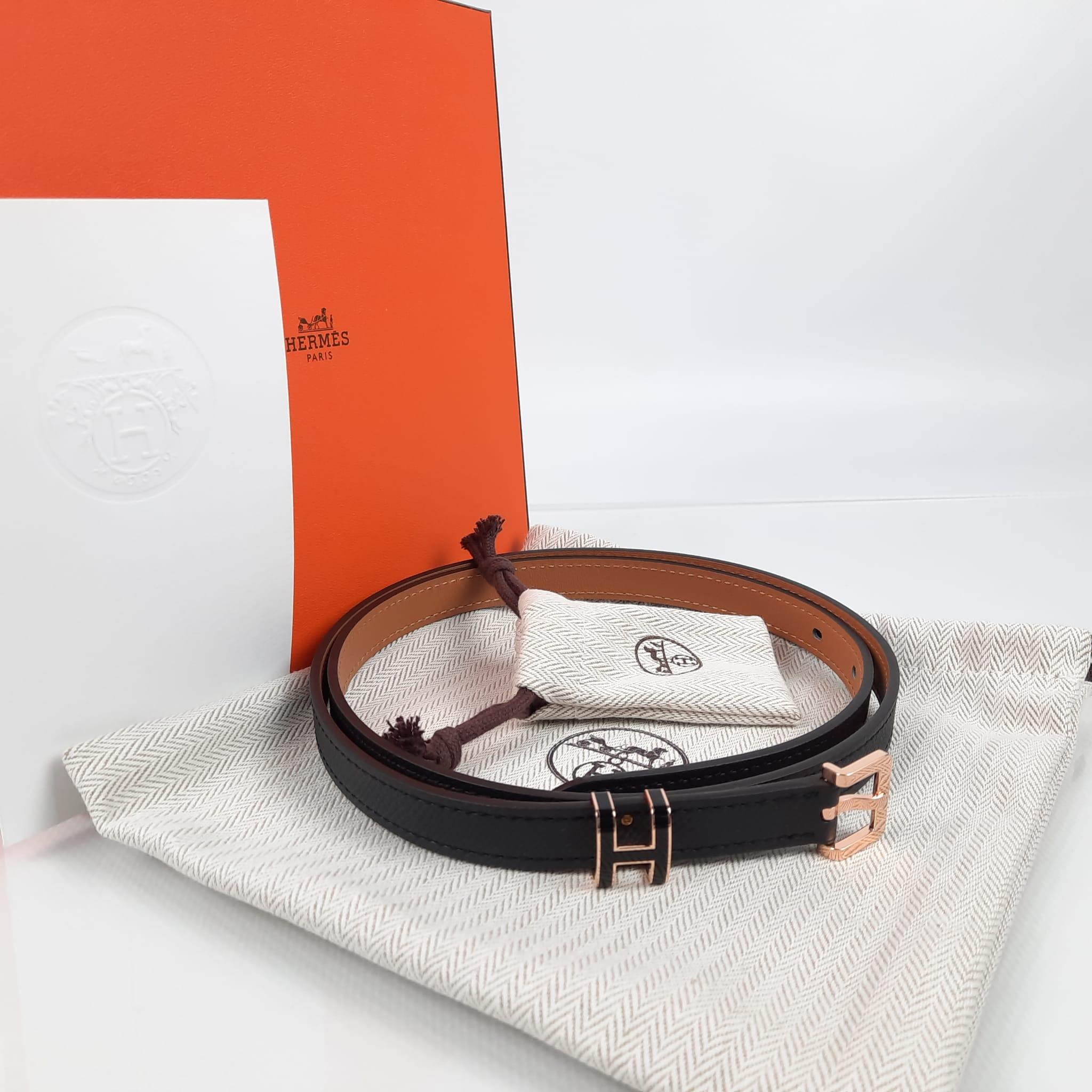 Hermes Black  Leather Epsom calfskin rose gold buckle Size 80 Pop H 15 belt In New Condition In Nicosia, CY
