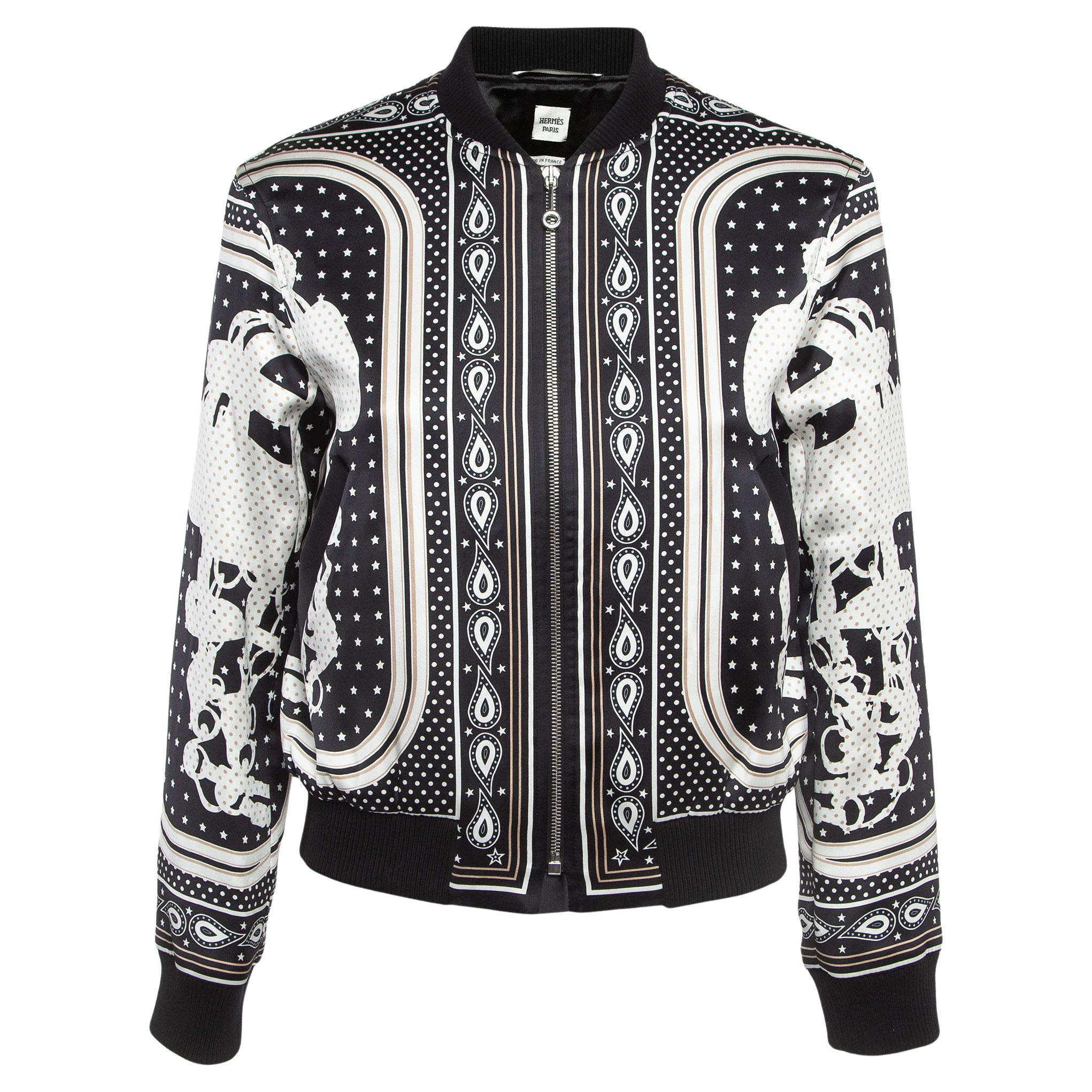 Hermès Black Print Silk Satin Zip Front Biker Jacket S For Sale