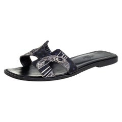 Hermes Black Printed Canvas Oran Sandals Size 37