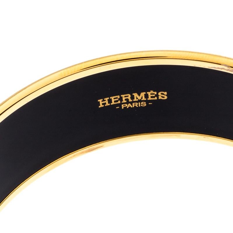 Hermes Black Printed Enamel Gold Plated Wide Bangle Bracelet 1