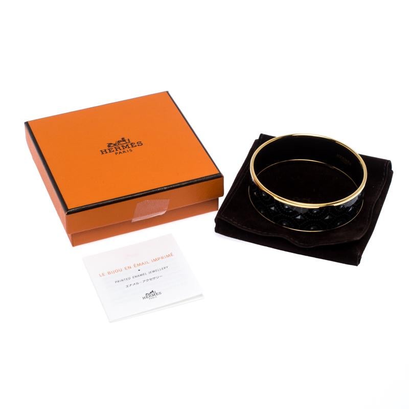 Hermes Black Printed Enamel Gold Plated Wide Bangle Bracelet 2